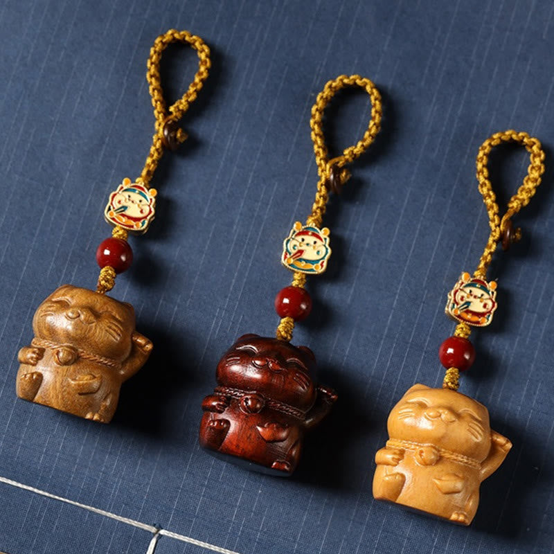 Buddhist Blessing Small Leaf Red Sandalwood Green Sandalwood Sandalwood Lucky Cat Protection Key Chain Phone Hanging Decoration