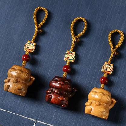 Buddhist Blessing Small Leaf Red Sandalwood Green Sandalwood Sandalwood Lucky Cat Protection Key Chain Phone Hanging Decoration