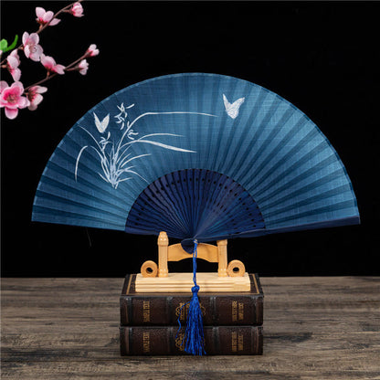 Buddhist Blessing Butterfly Orchid Cat Handheld Cotton Linen Bamboo Folding Fan 22cm