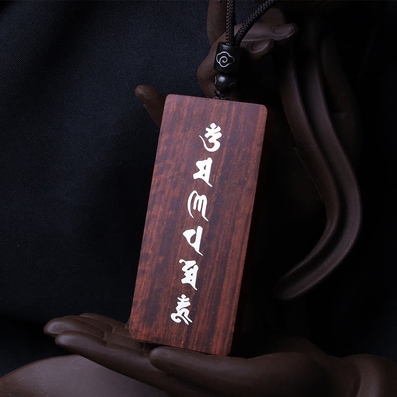 Buddhist Blessing 999 Sterling Silver Small Leaf Red Sandalwood Ebony Wood Om Mani Padme Hum Inlaid Protection Necklace Pendant