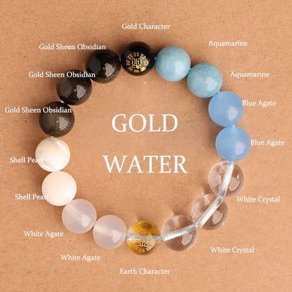 Buddhist Blessing Five Elements Various Agate Crystal Black Onyx Green Chalcedony Aquamarine Wisdom Bracelet