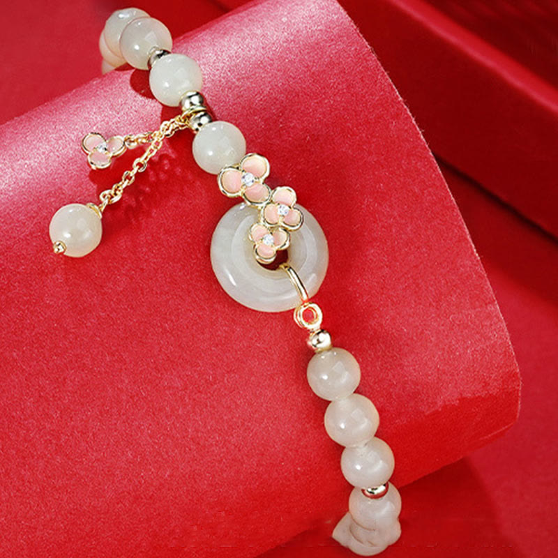 Buddhist Blessing 925 Sterling Silver Natural Hetian Jade Peach Blossom Peace Buckle Zircon Luck Bracelet Necklace Pendant