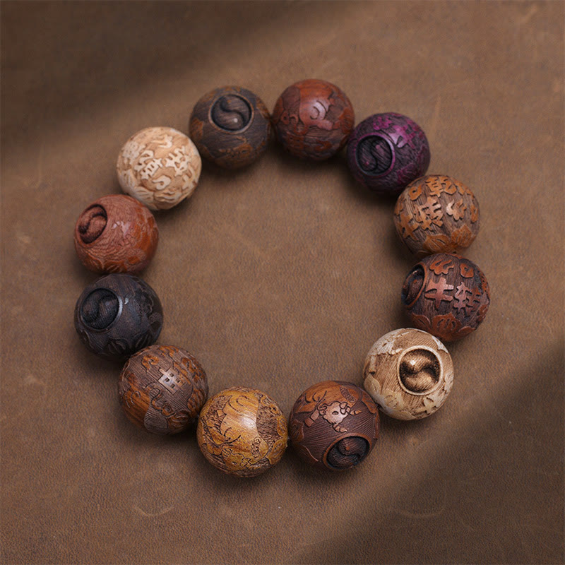 Buddhist Blessing Carving Sandalwood Chinese Zodiac Auspicious Dragon Phoenix Fu Character Healing Bracelet