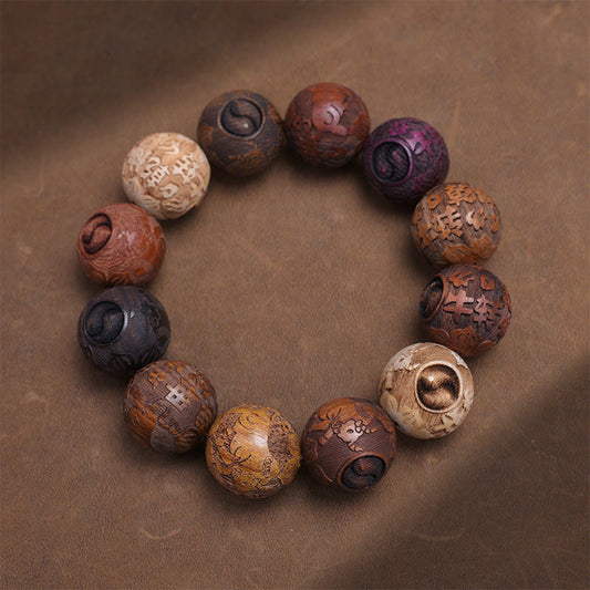 Buddhist Blessing Carving Sandalwood Chinese Zodiac Auspicious Dragon Phoenix Fu Character Healing Bracelet