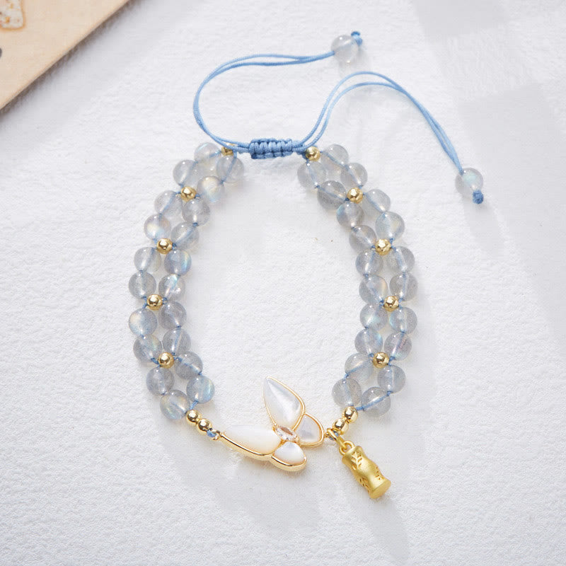 Buddhist Blessing Natural Aquamarine Amethyst Moonstone Butterfly Bamboo Healing Bracelet
