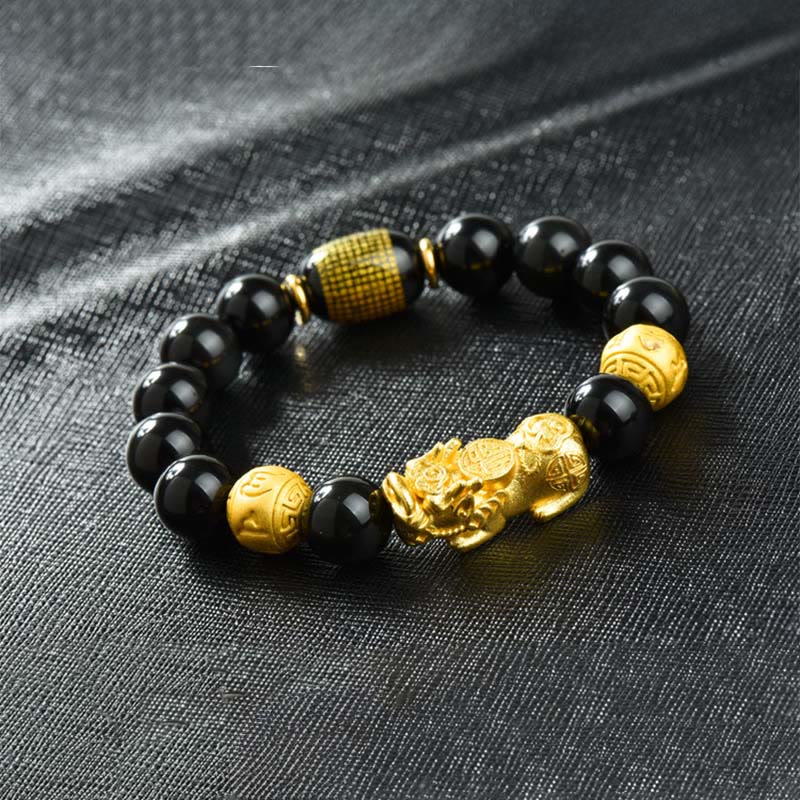 Buddhist Blessing Fengshui Copper Pixiu Rainbow Obsidian Beads Wealth Bracelet