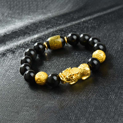 Buddhist Blessing Fengshui Copper Pixiu Rainbow Obsidian Beads Wealth Bracelet