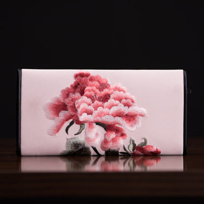 Buddhist Blessing Peony Flower Su Embroidery Journey Shopping Long Purse Handbag