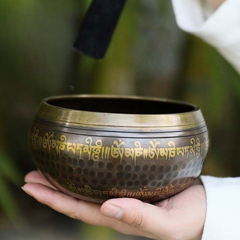 Buddhist Blessing Handcrafted Singing Bowl Scripture Pattern for Healing and Meditation Sound Bowl Set