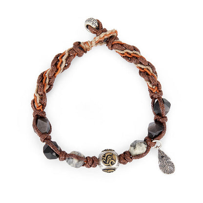 Buddhist Blessing Retro 925 Sterling Silver Silver Sheen Obsidian Transport Rope Handmade Braided Bracelet