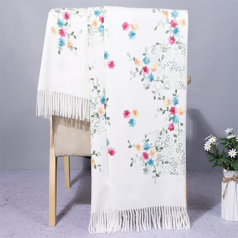 Buddhist Blessing Rayon Fabric Shawl Colorful Small Flowers Embroidery Tassel Winter Cozy Travel Scarf Wrap