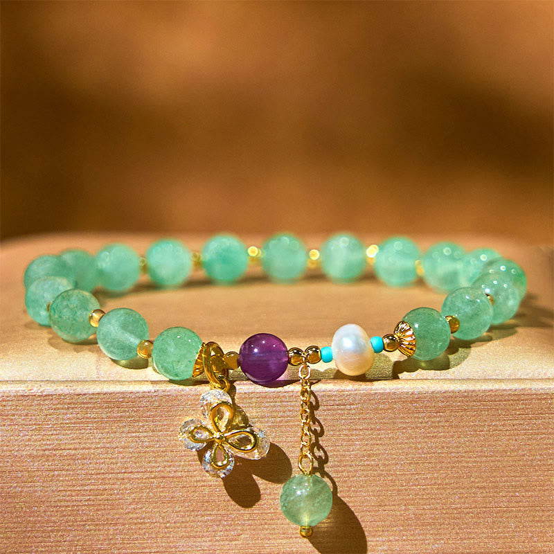 Buddhist Blessing Natural Strawberry Quartz Green Strawberry Quartz Butterfly Charm Love Bracelet