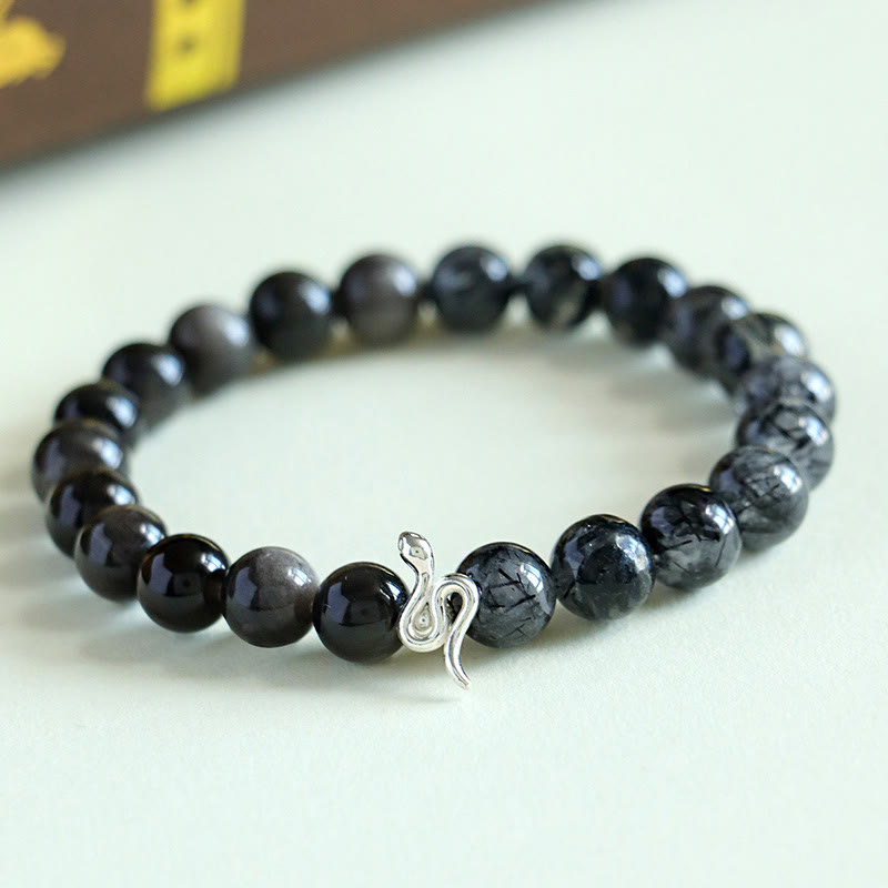 Buddhist Blessing Natural Sun Stone Super Seven Crystal Silver Sheen Obsidian Rutilated Quartz 925 Sterling Silver Year Of The Snake Positive Bracelet