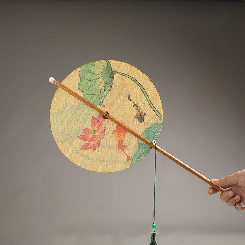 Buddhist Blessing Handmade Birds Flowers Persimmons Fruit Koi Fish Lotus Bamboo Long Handle Portable Curlable Fan