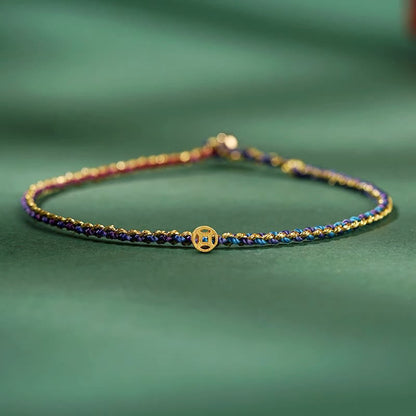 Buddhist Blessing Colorful Rope Luck Coin Bead Abundance Extra Thin Braided Bracelet