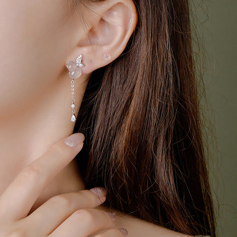 Buddhist Blessing Hetian Jade Magnolia Chalcedony 925 Sterling Silver Butterfly Gourd Luck Earrings