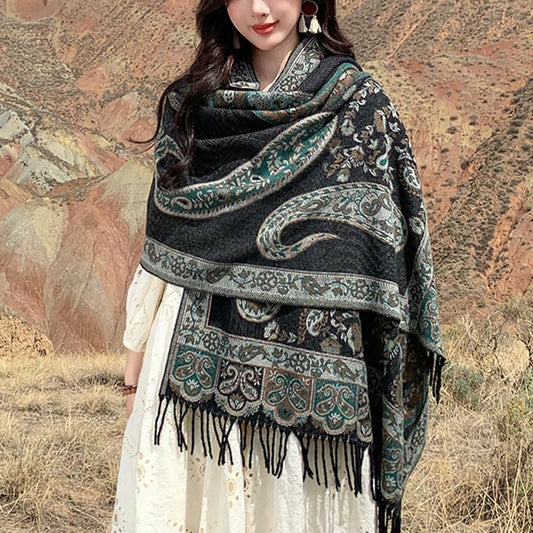 Buddhist Blessing Tibetan Cashew Flower Tassel Shawl Fall Winter Cozy Travel Scarf Wrap