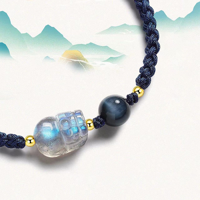 Buddhist Blessing Moonstone PiXiu Blue Tiger Eye Fu Character Healing Couple String Bracelet