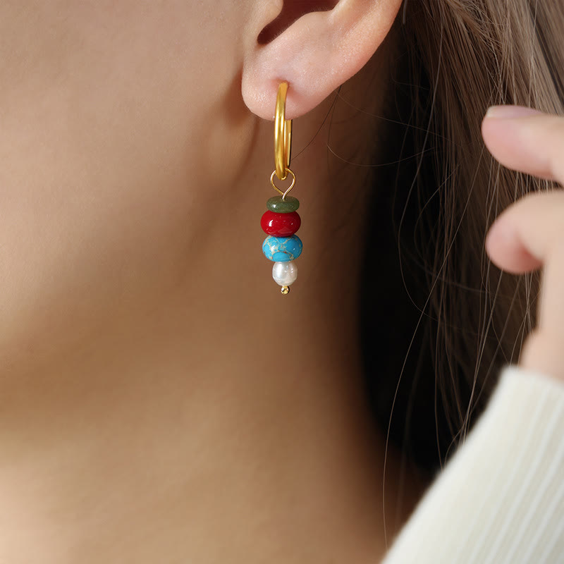 Buddhist Blessing Tibetan Marnyi Stone Design Natural Red Agate Pearl Confidence Titanium Steel Earrings