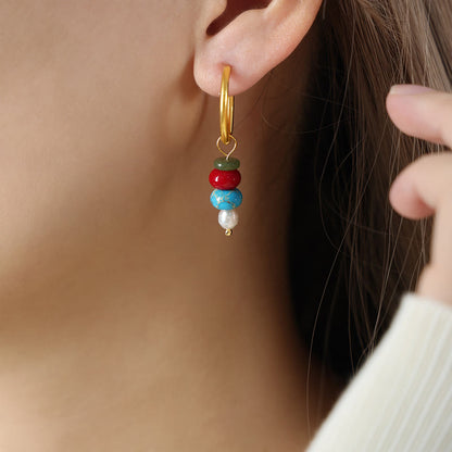 Buddhist Blessing Tibetan Marnyi Stone Design Natural Red Agate Pearl Confidence Titanium Steel Earrings