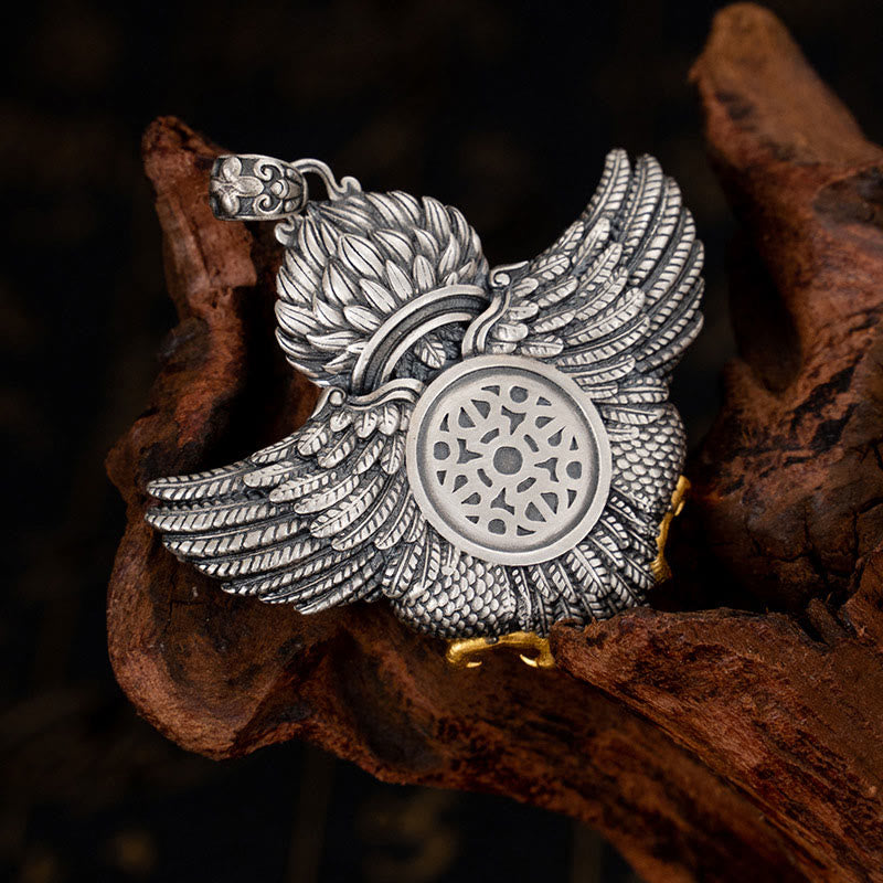 Buddhist Blessing 925 Sterling Silver Tibet Garuda Bird Dzi Bead Protection Necklace Pendant