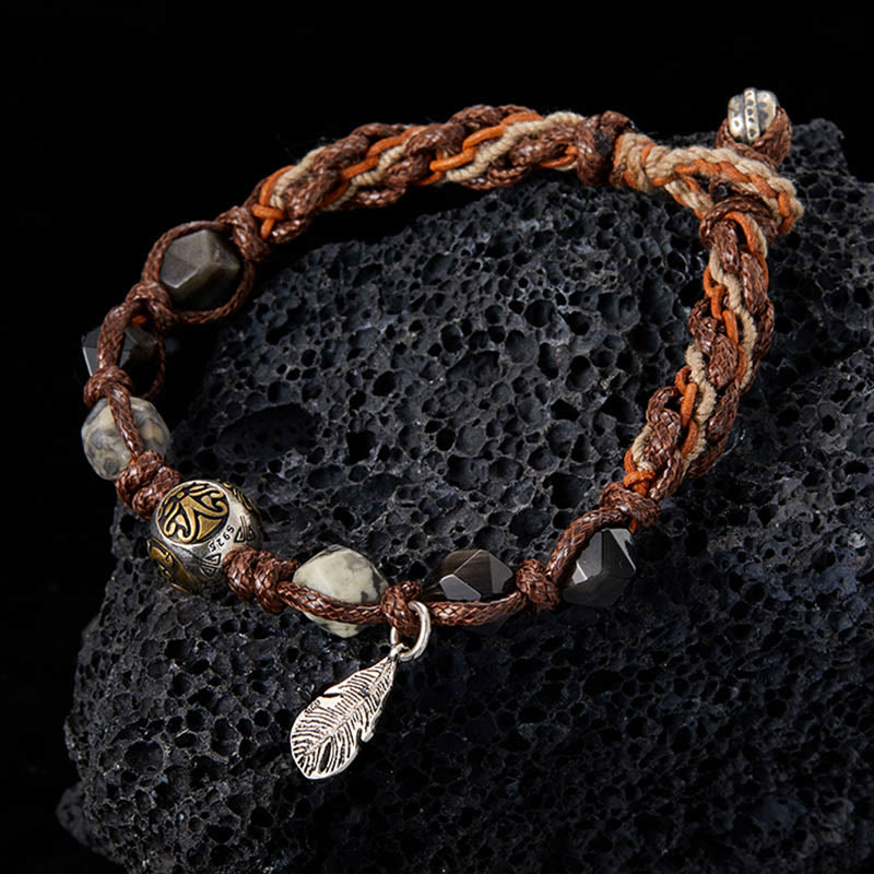 Buddhist Blessing Retro 925 Sterling Silver Silver Sheen Obsidian Transport Rope Handmade Braided Bracelet