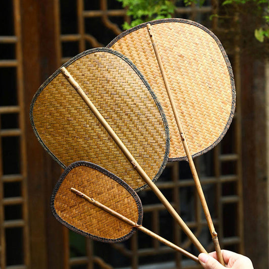 Buddhist Blessing Summer Retro Chinese Style Handmade Bamboo Woven Round Banana Shape Long Handle Fan