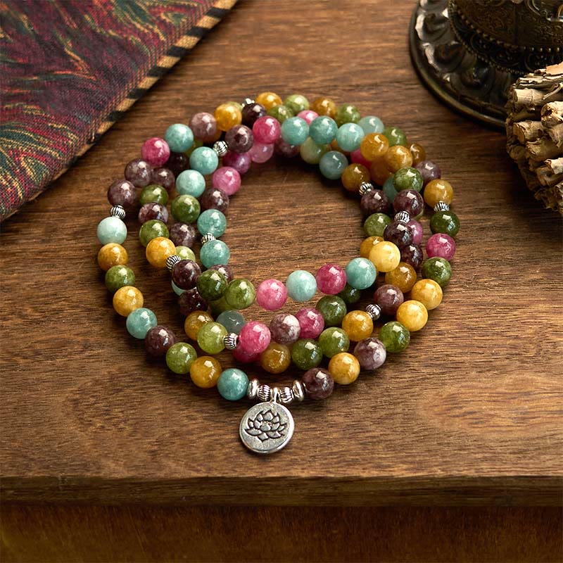 Buddhist Blessing 108 Mala Beads Multi-layer Natural Tourmaline Lotus Wisdom Bracelet