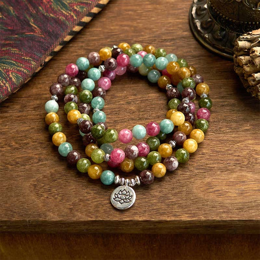 Buddhist Blessing 108 Mala Beads Multi-layer Natural Tourmaline Lotus Wisdom Bracelet