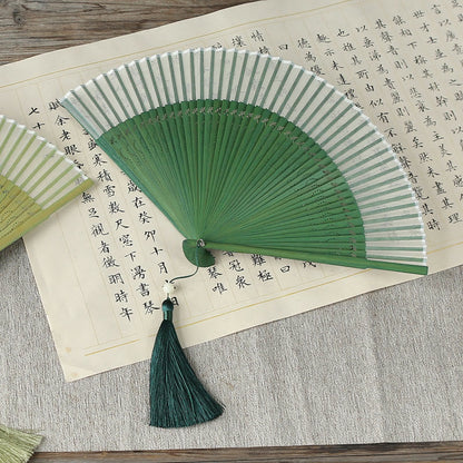 Buddhist Blessing Solid Color Dragonfly Tassel Handheld Mulberry Silk Bamboo Folding Fan