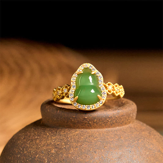 Buddhist Blessing Vintage Gourd Green Chalcedony Copper Plated Gold Adjustable Wealth Ring