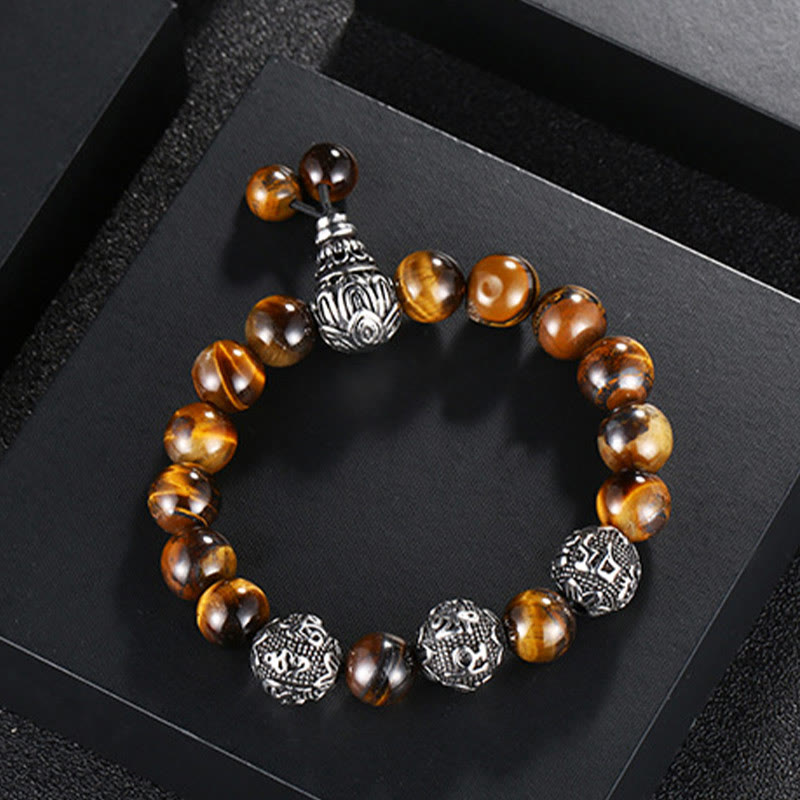 Buddhist Blessing Natural Tiger Eye Lava Rock Black Obsidian Titanium Steel Six-True-Words Om Mani Padme Hum Protection Bracelet