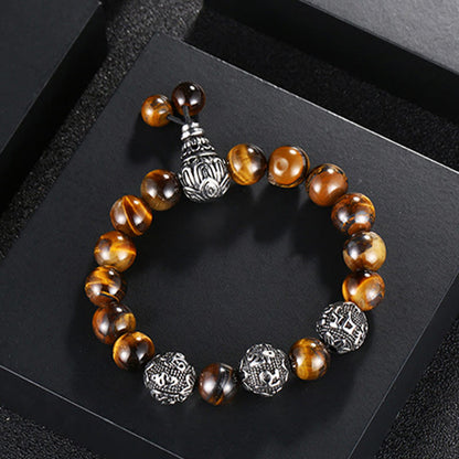 Buddhist Blessing Natural Tiger Eye Lava Rock Black Obsidian Titanium Steel Six-True-Words Om Mani Padme Hum Protection Bracelet
