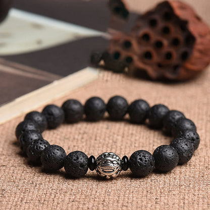 Buddhist Blessing Lava Rock Beads White Copper PiXiu Wealth Bracelet