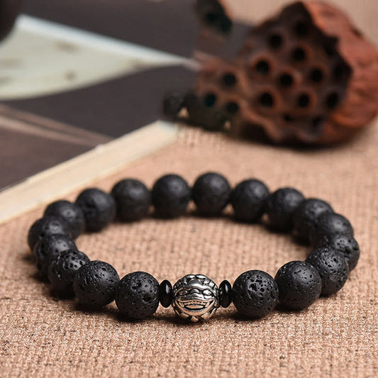 Buddhist Blessing Lava Rock Beads White Copper PiXiu Wealth Bracelet