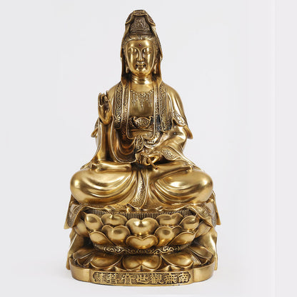 Buddhist Blessing Kwan Yin Avalokitesvara Wealth Brass Copper Statue Home Desk Decoration