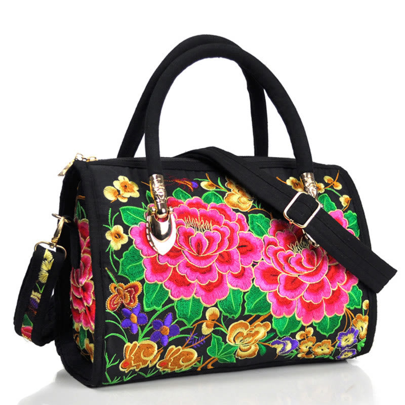 Buddhist Blessing Money Tree Peony Camellia Double-Sided Embroidery Canvas Shopping Purse Handbag Crossbody Bag