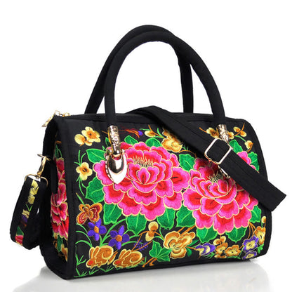 Buddhist Blessing Money Tree Peony Camellia Double-Sided Embroidery Canvas Shopping Purse Handbag Crossbody Bag