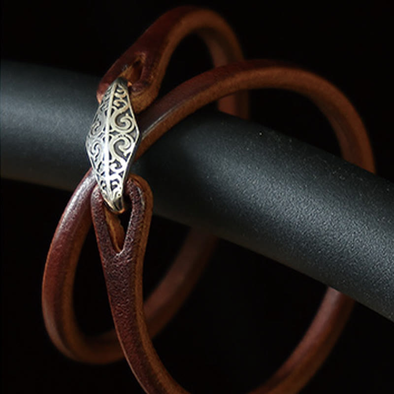 Buddhist Blessing 925 Sterling Silver Leather Multi-turn Protection Bracelet