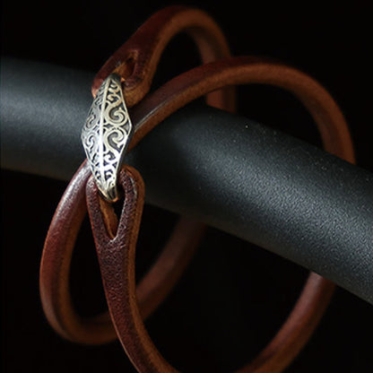 Buddhist Blessing 925 Sterling Silver Leather Multi-turn Protection Bracelet