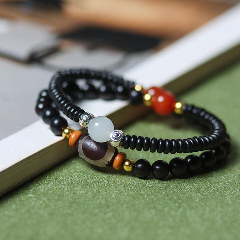 Buddhist Blessing Ebony Sandalwood Green Sandalwood Dzi Bead Balance Calm Double Wrap Bracelet