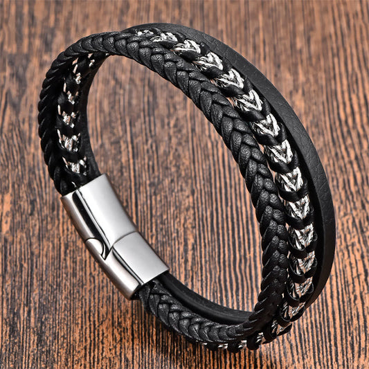 Buddhist Blessing Braided Design Titanium Steel Calm Multi-layer Leather Buckle Bracelet