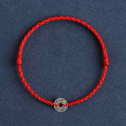 Buddhist Blessing 925 Sterling Silver Five Emperor Coins Red String Protection Luck Braided Bracelet Anklet