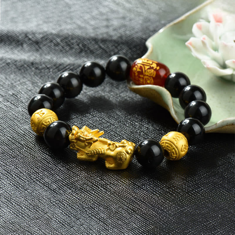 Buddhist Blessing Fengshui Copper Pixiu Rainbow Obsidian Beads Wealth Bracelet