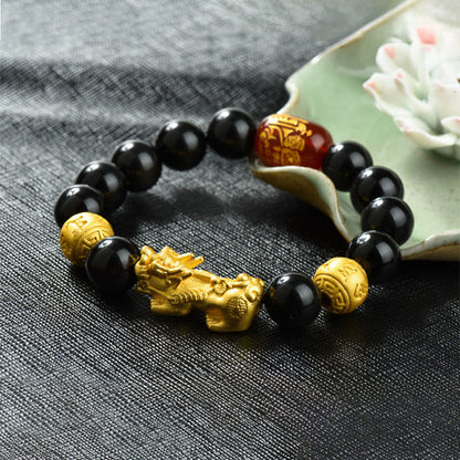 Buddhist Blessing Fengshui Copper Pixiu Rainbow Obsidian Beads Wealth Bracelet