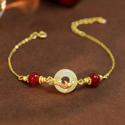 Buddhist Blessing Natural Hetian Jade 925 Sterling Silver Plated Gold Red Agate Beads Koi Fish Peace Buckle Luck Bracelet