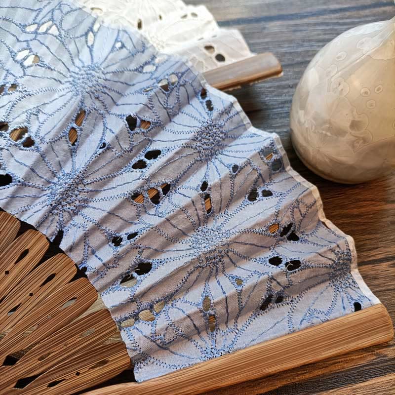 Buddhist Blessing Solid Color Hollow Flowers Embroidery Cotton Fabric Handheld Bamboo Folding Fan