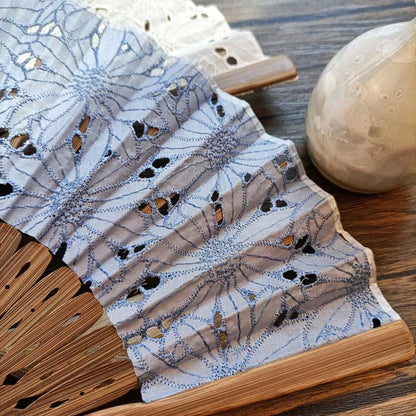 Buddhist Blessing Solid Color Hollow Flowers Embroidery Cotton Fabric Handheld Bamboo Folding Fan