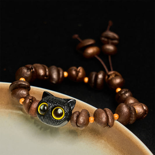 Buddhist Blessing Handmade Natural Coffee Beans Cat Head Bodhi Seed Claw Paw Peace Bracelet