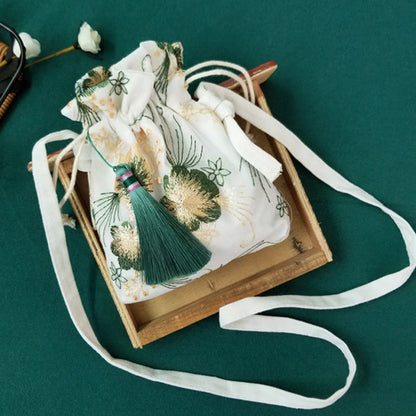 Buddhist Blessing Embroidered Flowers Cherry Blossoms Vine Canvas Crossbody Bag Shoulder Bag